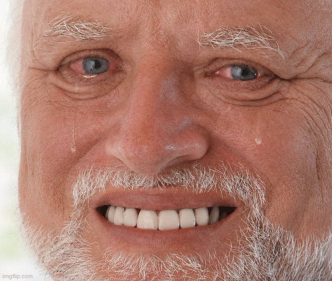 A close-up photo of an older bearded man crying while smiling, with "imgflip.com" watermark visible. The image fits the post because it captures the bittersweet, pained expression of someone trying to hold back tears—mirroring the forced optimism of crypto enthusiasts who must smile through the grim realities of hacks, scams, and manipulation in the industry.
