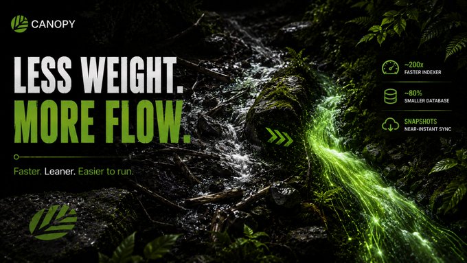 A dark-themed promotional graphic for Canopy reading 'LESS WEIGHT. MORE FLOW.' with claims of ~200x faster indexer, ~80% smaller database, and Snapshots with near-instant sync.