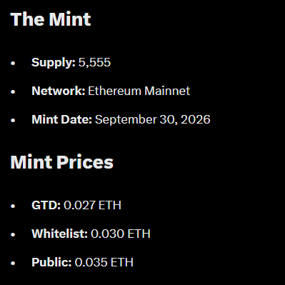 A black image with white text detailing NFT mint information for "The Mint," including Supply of 5,555, Ethereum Mainnet network, Mint Date of September 30, 2026, and prices for GTD (0.027 ETH), Whitelist (0.030 ETH), and Public (0.035 ETH).