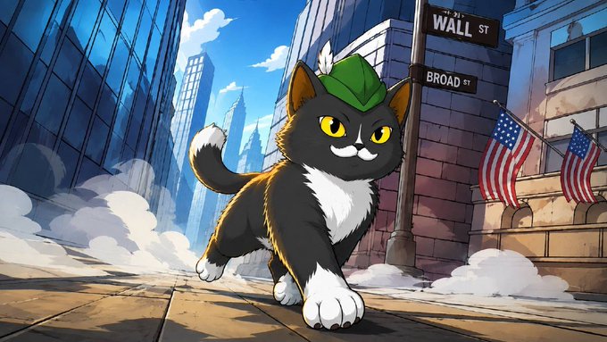 An animated illustration of a black and white tuxedo cat wearing a small green hat, walking down a city street near Wall St and Broad St with American flags and skyscrapers in the background.