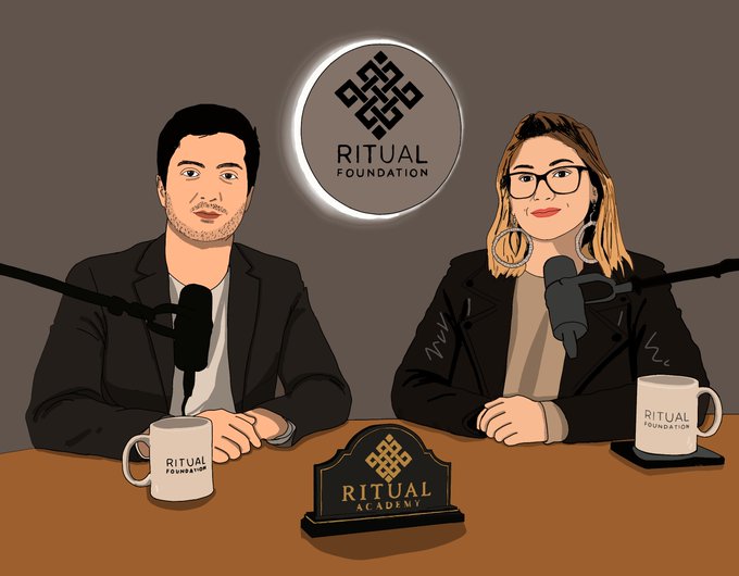 Illustration of a man and woman sitting at a podcast desk with microphones, Ritual Foundation mugs, and a 'Ritual Academy' sign, with the Ritual Foundation logo on the wall behind them.