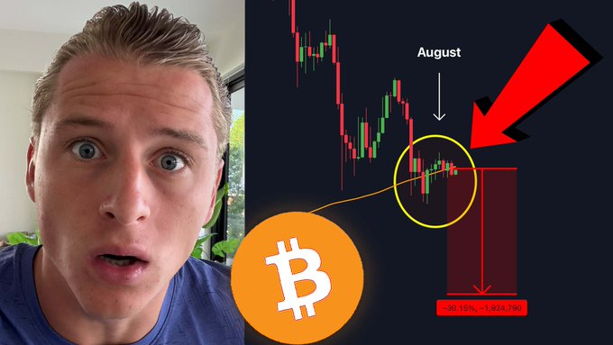 A YouTuber with a shocked expression appears on the left side of the image, while the right side shows a Bitcoin price chart with a yellow circle highlighting an "August" timeframe and a red arrow pointing to a decline of "-29.15%, -1,924.00," illustrating a warning that Bitcoin may face a similar crash as the previous August drop referenced in the video.