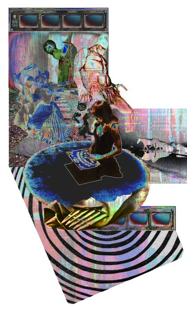 An abstract, psychedelic digital artwork featuring a figure playing a turntable, surrounded by swirling colors, geometric shapes, and spiral patterns.