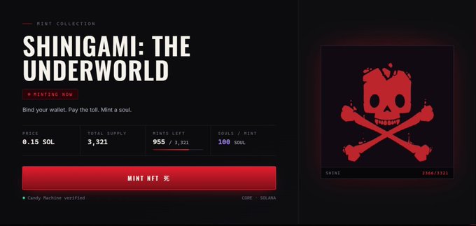 A dark-themed NFT minting page for 'SHINIGAMI: THE UNDERWORLD' displays a red skull and crossbones, a price of 0.15 SOL, total supply of 3,321, and stats showing 955/3,321 mints remaining.