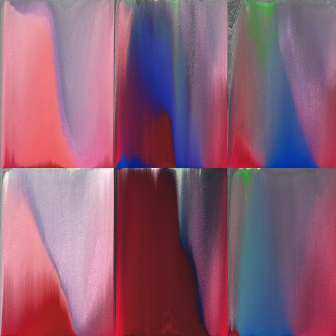 An abstract artwork composed of six panels featuring vertical gradients and brushstrokes in pink, blue, red, and green hues on a reflective metallic surface.