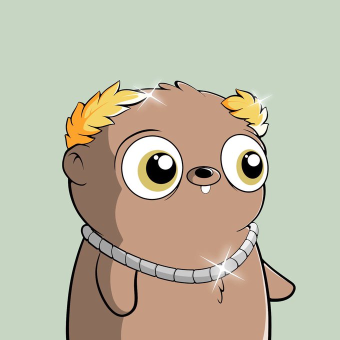 A cartoon illustration of an adorable brown creature with large eyes, a single tooth, yellow tufts of hair, and a sparkly silver chain necklace on a green background.