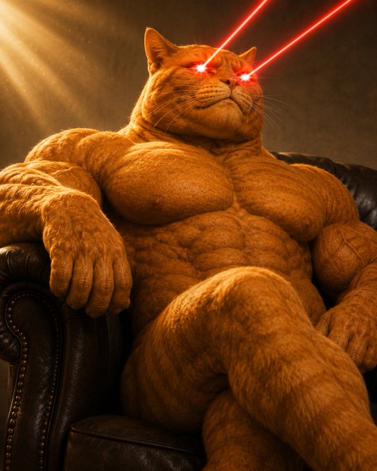 A massively muscular orange cat with glowing red laser eyes lounges dominantly in a dark leather armchair, channeling overwhelming power and intensity—perfectly capturing the "gigachad" energy behind the $GIGACAT ticker.