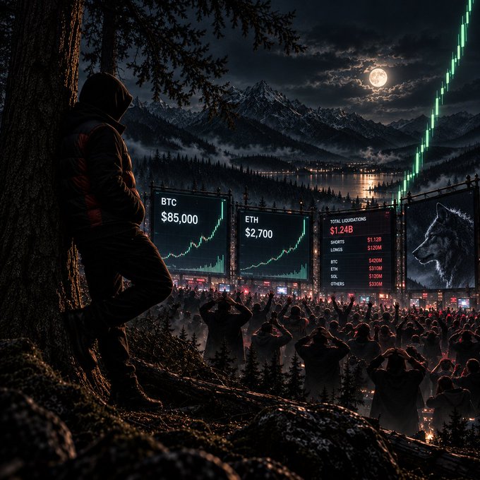 A dramatic digital artwork showing a hooded figure on a rocky cliff overlooking a massive crowd gathered under a full moon, with large screens displaying BTC at $85,000 and ETH at $2,700 with rising charts.