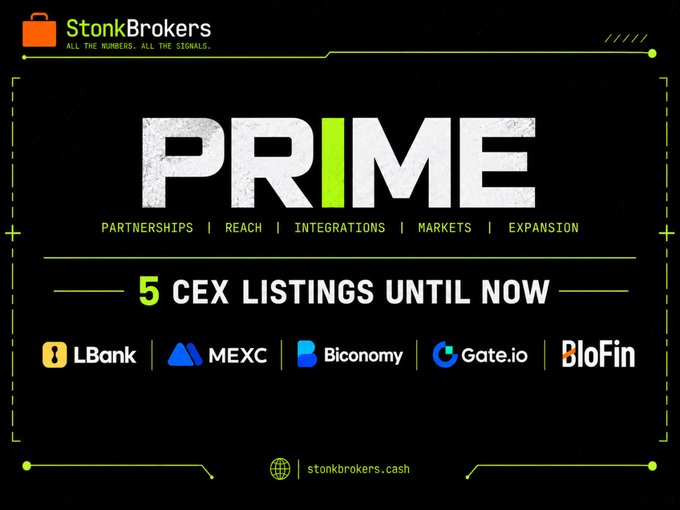 https://stonkbrokers.cash - StonkBrokers 'PRIME' graphic showing 5 CEX listings: LBank, MEXC, Biconomy, Gate.io, and BloFin.