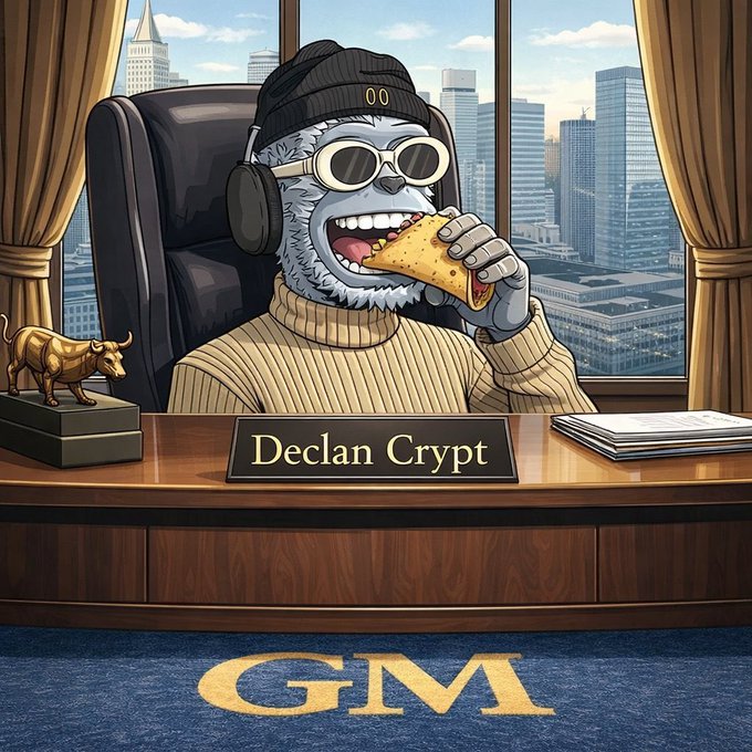 An illustration of a gorilla wearing sunglasses, headphones, and a beanie sitting at a desk with a 'Declan Crypt' nameplate, eating a taco, with a bull figurine and a city view behind him, and 'GM' displayed on the carpet.