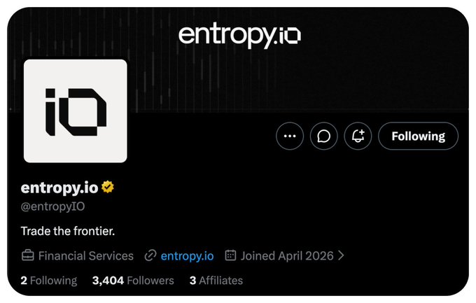 A Twitter/X profile page for entropy.io (@entropyIO) with the tagline 'Trade the frontier.', categorized as Financial Services, joined April 2026, with 3,404 followers.