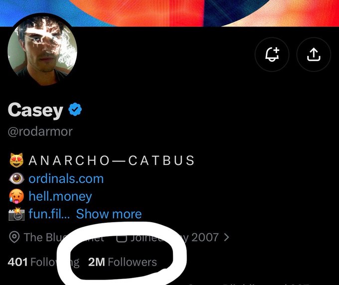 A Twitter profile for Casey (@rodarmor) is shown, featuring his bio listing "ordinals.com" and "hell.money," with "2M Followers" prominently circled in white. The highlighted follower count directly corresponds to the post's argument that Casey's large Ordinals/Runes audience isn't translating into ecosystem support.