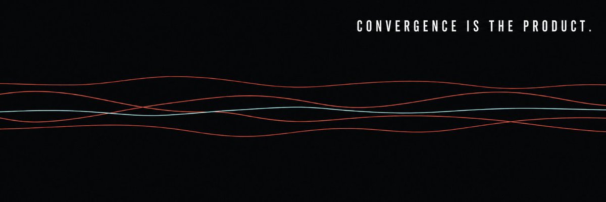 A dark graphic shows intersecting red and blue wave lines with the text 'CONVERGENCE IS THE PRODUCT.'