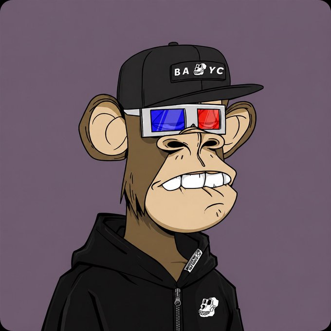 Digital illustration of a Bored Ape-style NFT character wearing a black 'BAYC' cap, 3D glasses, and a black hoodie with a skull logo, set against a purple background.