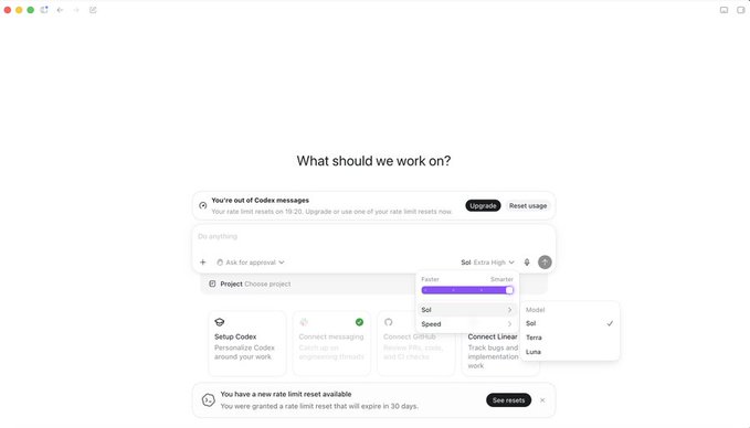 The image shows a Codex app interface with the prompt "What should we work on?" and reveals a dropdown menu listing three AI models: "Sol," "Terra," and "Luna" under a "Model" selector. This visually confirms the post's claim, as the app code references these models even though they are not yet publicly available.