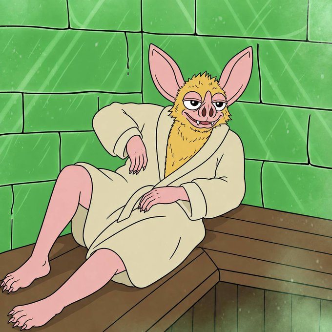 An anthropomorphic bat character wearing a white bathrobe sits on a wooden bench against a green tiled wall, possibly in a sauna.