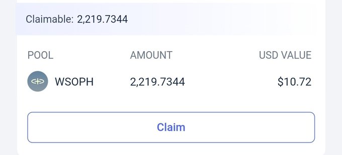 The image shows a crypto rewards dashboard displaying a claimable amount of 2,219.7344 WSOPH tokens valued at $10.72, with a "Claim" button below. This illustrates the post's complaint about a meager Sophon airdrop payout coinciding with the project's shutdown, mocking the user's "proven loyalty" as essentially worthless.