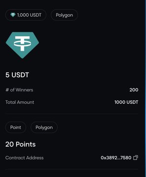The image displays a Galxe campaign result showing 5 USDT rewards distributed to 200 winners for a total amount of 1000 USDT on the Polygon network, awarding 20 Points per participant with contract address 0x3892...7580, related to the KiiChain quest promotion mentioned in the post.
