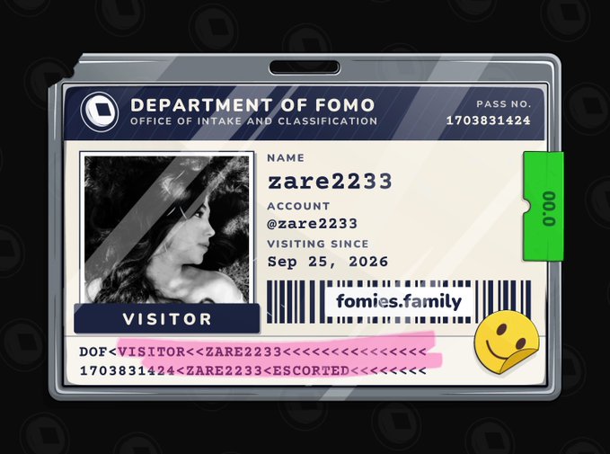 A digital visitor pass for the 'Department of FOMO, Office of Intake and Classification' showing the name 'zare2233', account '@zare2233', visiting since 'Sep 25, 2026', with 'fomies.family' displayed as a barcode and 'VISITOR' and 'ESCORTED' status.