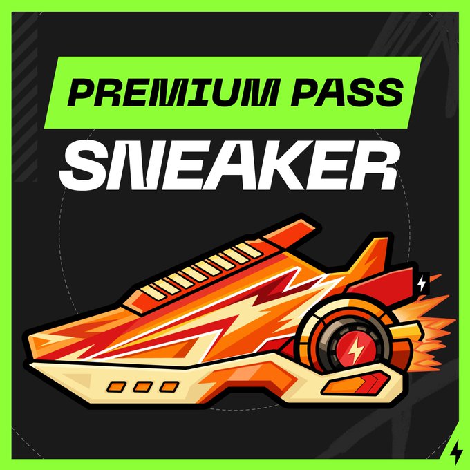 A vibrant digital illustration showcases a futuristic orange and red sneaker with lightning bolt designs, labeled "SNEAKER" below a green "PREMIUM PASS" banner, fitting the post's promotion of an exclusive locked STEPN Sneaker available through a Marathon Season Pass.