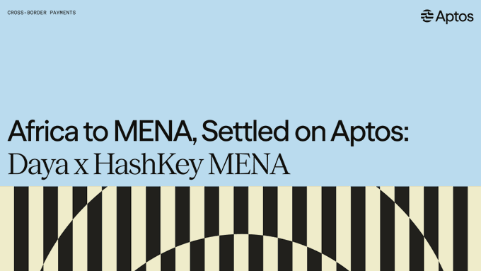 A graphic titled 'CROSS-BORDER PAYMENTS' by Aptos reads 'Africa to MENA, Settled on Aptos: Daya x HashKey MENA' with a black and yellow striped design at the bottom.