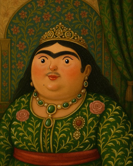 A stylized painting of a heavyset figure with unibrow wearing a gold crown, green gemstone jewelry, and an ornate green and gold patterned garment.