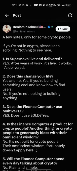 Screenshot of a Twitter post by Benjamin Mincu (@benjaminmincu) addressing crypto people with notes about Supernova, the Finance Computer, and MultiversX/EGLD.