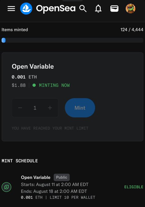 Screenshot of OpenSea's minting page for an 'Open Variable' NFT collection, showing 124/4,444 items minted at 0.001 ETH ($1.88), marked as 'MINTING NOW' with a message stating 'YOU HAVE REACHED YOUR MINT LIMIT.'
