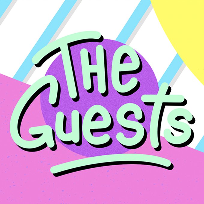 A retro-styled graphic with the text 'The Guests' in mint green lettering over a purple circle, set against a pink, yellow, and blue striped background.