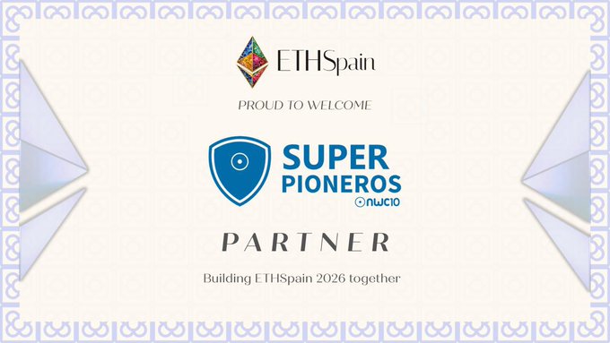 A graphic announcement with a white background and light blue geometric border, displaying 'ETHSpain' with a diamond logo, followed by 'PROUD TO WELCOME', the logo for 'SUPER PIONEROS by NUCIO', the word 'PARTNER', and 'Building ETHSpain 2026 together'.