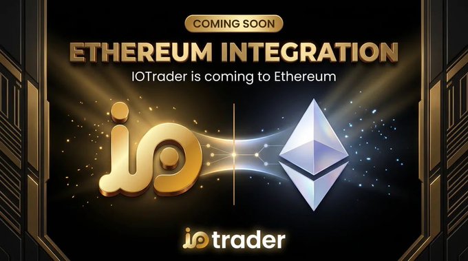 A sleek promotional graphic announces "COMING SOON - ETHEREUM INTEGRATION" with the tagline "IOTrader is coming to Ethereum," featuring the golden IO Trader logo on the left and Ethereum's diamond symbol on the right, connected by glowing light streams against a dark cosmic background. The "iotrader" wordmark sits at the bottom, visually reinforcing the post's announcement of IOTrader's expansion to Ethereum's blockchain.
