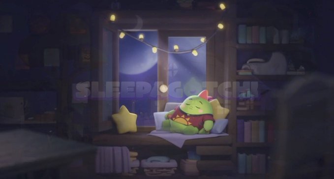 An illustration of a cute green cat character sleeping peacefully on a pillow by a window at night, with string lights and a night sky visible outside.