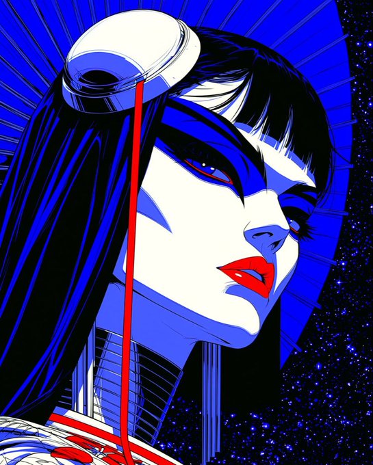 A stylized blue-toned illustration of a woman with black hair, red lips, and a metallic circular headpiece connected by a red cord, set against a starry space background.