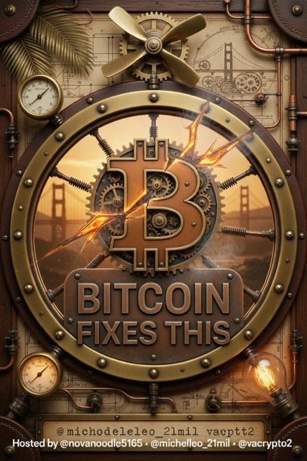 A steampunk-style graphic features a large Bitcoin symbol with the text 'BITCOIN FIXES THIS' over a Golden Gate Bridge backdrop, tagged with usernames @michodeleleo_21mil and others.