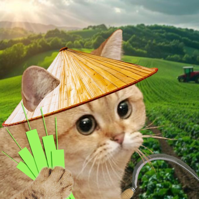 A cat wearing a traditional conical straw hat stands in a green field holding a sickle, with a red tractor visible in the background, depicting an agriculture-themed meme image.