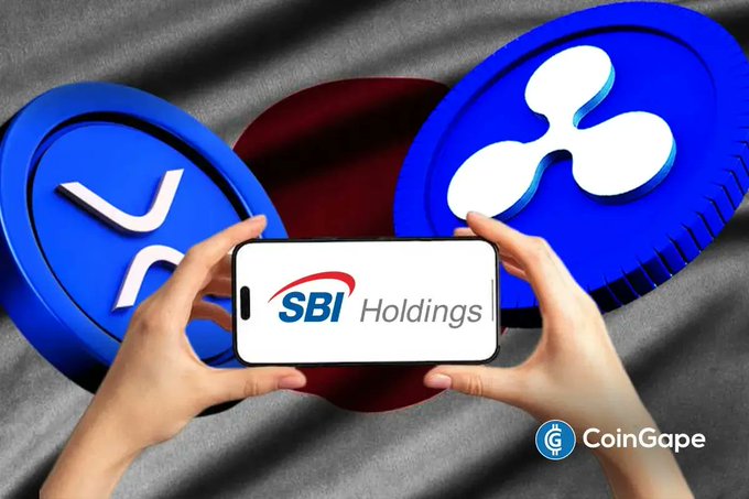 A pair of hands holds a smartphone displaying the "SBI Holdings" logo, positioned against a backdrop featuring large XRP and Ripple (X) tokens alongside the Japanese flag, visually representing SBI Holdings' reaffirmed $41.2B investment in Ripple amid subdued crypto market activity.