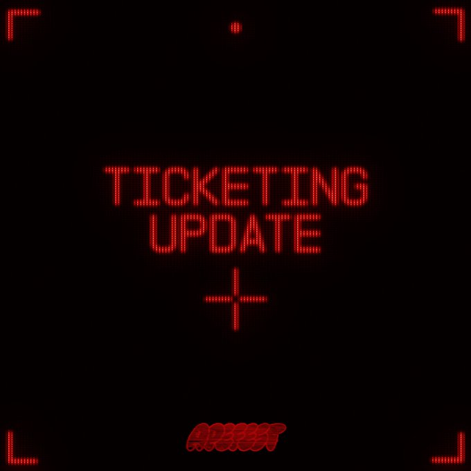 A red LED-style digital display on a black background reads 'TICKETING UPDATE' with decorative corner brackets and a logo at the bottom.