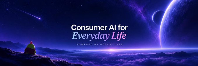 A space-themed promotional banner with purple and pink cosmic hues showing a small character on a cliff overlooking a planet, displaying the text "Consumer AI for Everyday Life — POWERED BY GOTCHI LABS".