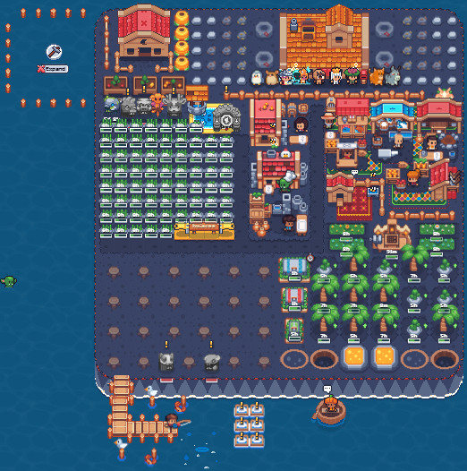 A screenshot from a pixel-art farming and village-building game showing a developed island base with crops, buildings, characters, and a dock area.