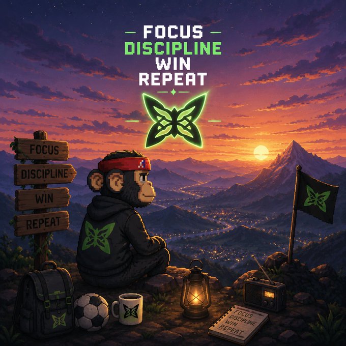 A pixel-art monkey in a Razer-themed hoodie sits on a mountain peak at sunset beside a soccer ball, lantern, backpack, and radio, with the words "FOCUS DISCIPLINE WIN REPEAT" displayed above a glowing green butterfly emblem and on nearby wooden signs. The motivational, grind-themed aesthetic reflects the post's emphasis on disciplined progress and building reliable, protected infrastructure for emerging tech like Quip Network's quantum resources.