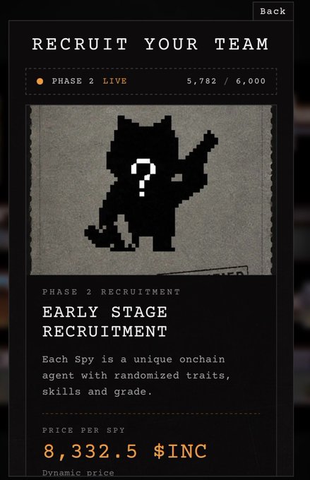 A digital recruitment interface titled 'RECRUIT YOUR TEAM' showing 'PHASE 2 LIVE 5,782 / 6,000', featuring a pixelated silhouette with a question mark and text about 'EARLY STAGE RECRUITMENT' at a price of '8,332.5 $INC'.