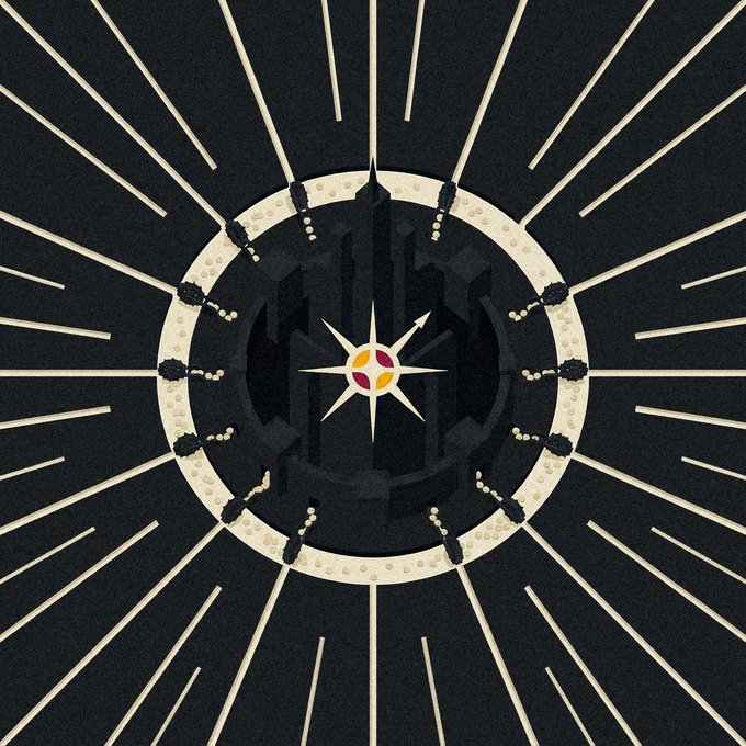 A stylized illustration features a dark city skyline encased within a circular ring, surrounded by radiating cream-colored lines, with a glowing multi-pointed star at its center. The image visually represents the launch and central importance of the Meridian Capital DAO, symbolizing a new hub of opportunity for stakers seeking easy participation in the airdrop.