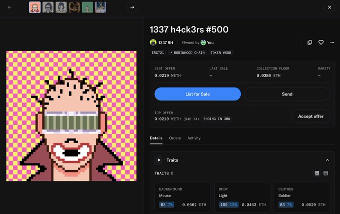 An NFT listing page for "1337 h4ck3rs #500" with a pixel art image of a character wearing green shutter shades, showing a best offer of 0.0219 WETH and trait details like Mouse background, Light body, and Soldier clothes.