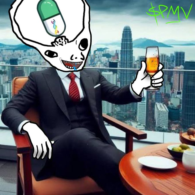 A digitally edited image of a man in a business suit sitting at a table holding a champagne glass, but with a cartoonish white skull head featuring a glowing pill on top, with the text '$PMV' in the corner against a city skyline backdrop.