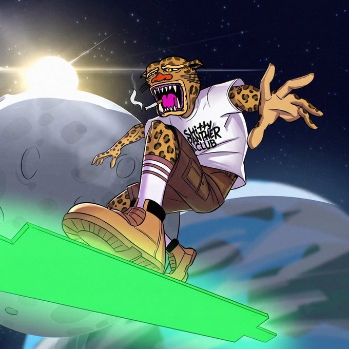 An animated illustration shows an anthropomorphic cheetah wearing a white t-shirt reading 'SHITTY SNEAKER CLUB', brown shorts, and tan boots, snarling aggressively while standing on a green beam in outer space near a moon.