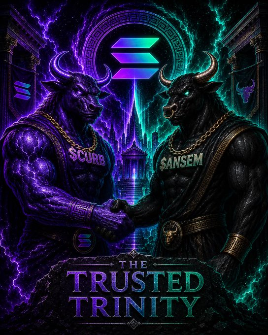 The image depicts two powerful, muscular bull figures labeled "$CURB" and "$ANSEM" clasping hands beneath a glowing Solana logo, with the bold title "THE TRUSTED TRINITY" displayed below—perfectly visualizing the post's tribute to the trio of $CURB, $ANSEM, and $SOL.