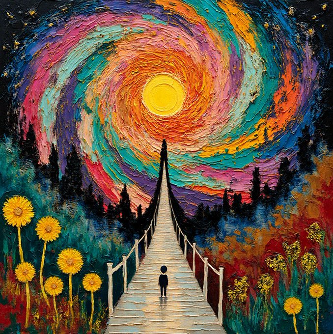 A vibrant Van Gogh-style painting depicts a small figure walking across a bridge toward a swirling, colorful sun, surrounded by yellow flowers and a landscape of blues, oranges, and greens.