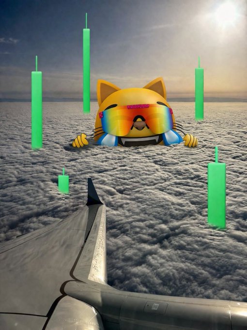 A surreal scene shows a yellow cartoon cat character with rainbow-colored sunglasses emerging from a sea of clouds, viewed from inside an airplane cockpit with green candlestick chart bars floating in the sky.