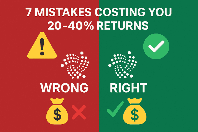 A graphic with the heading "7 MISTAKES COSTING YOU 20-40% RETURNS" contrasts a red "WRONG" side featuring a warning triangle and a money bag with an X, against a green "RIGHT" side with a checkmark and a money bag with a checkmark.