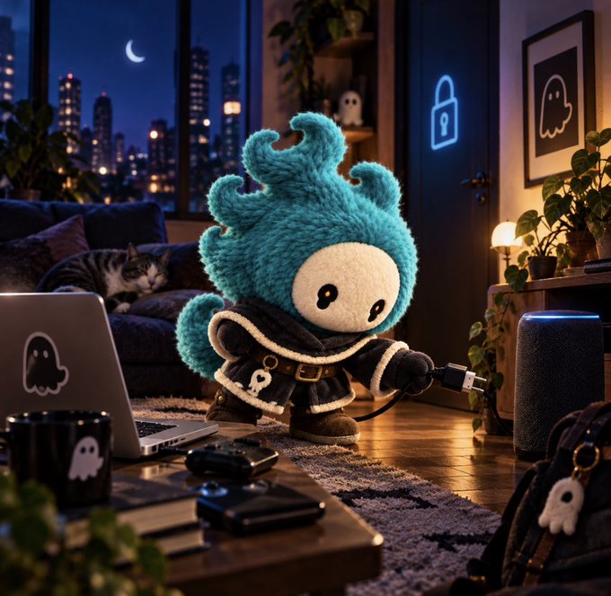 A fluffy teal ghost plushie dressed in a hooded cloak inspects a USB cable suspiciously in a dimly lit apartment, surrounded by laptop, mug, and devices marked with ghost icons, with a glowing neon padlock on the door—capturing the ghost's newly cautious "privacy era" of vetting every digital transaction.